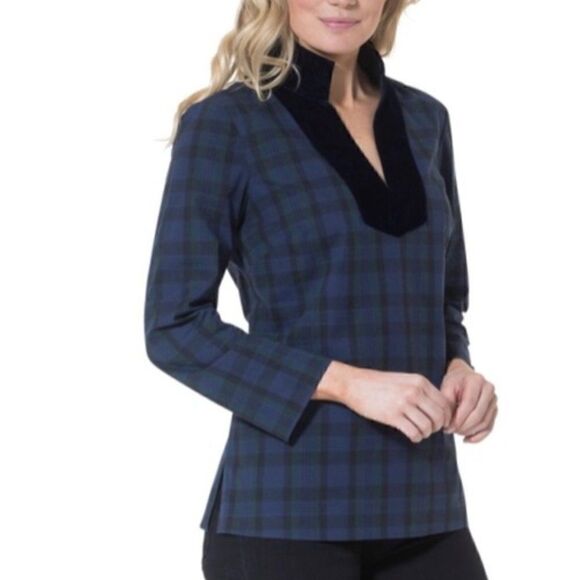Sail To Sable Tartan Plaid Stretch Tunic Top Size S Blue Green Velvet Trim - Picture 1 of 8